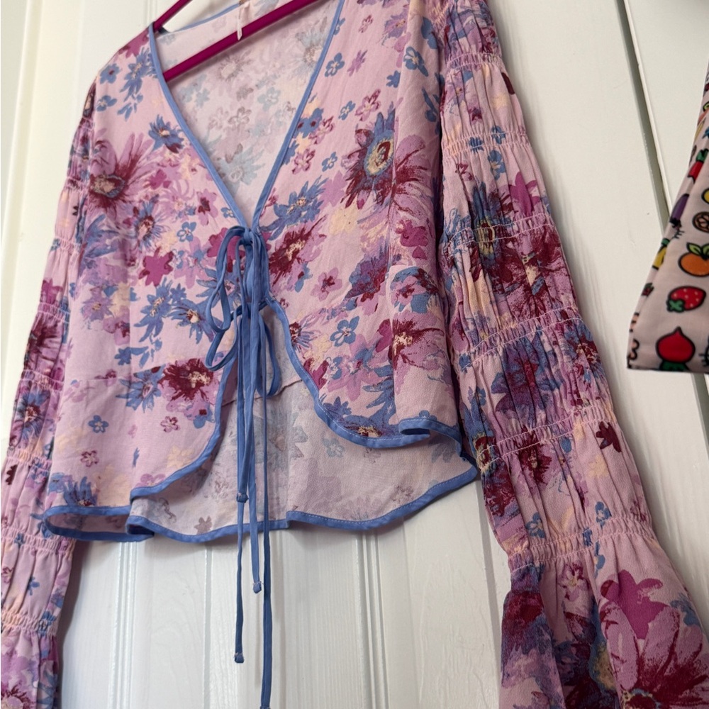 Free People Floral Lilac Tie-Front Blouse - Picture 2 of 11